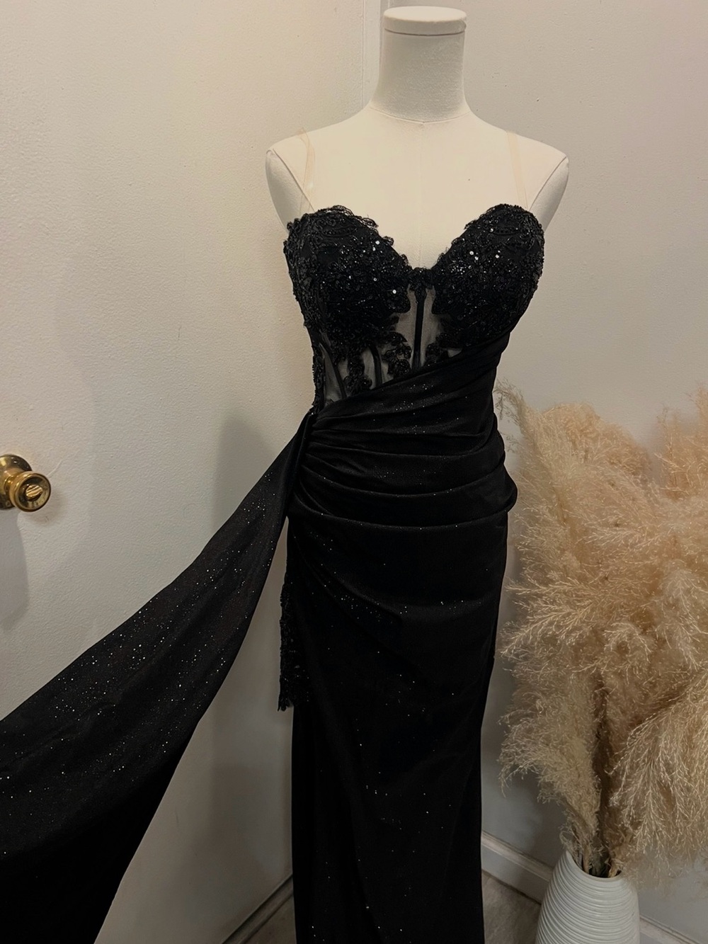 Strapless Black Evening Gown with Beaded Bodice